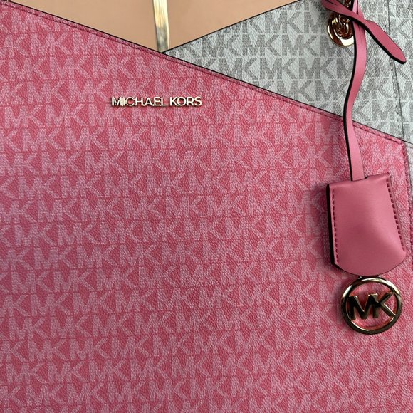 Michael Kors Jet Set Travel LG Chained Tote Shoulder Bag Color-Block MK Tea Rose - Picture 10 of 11